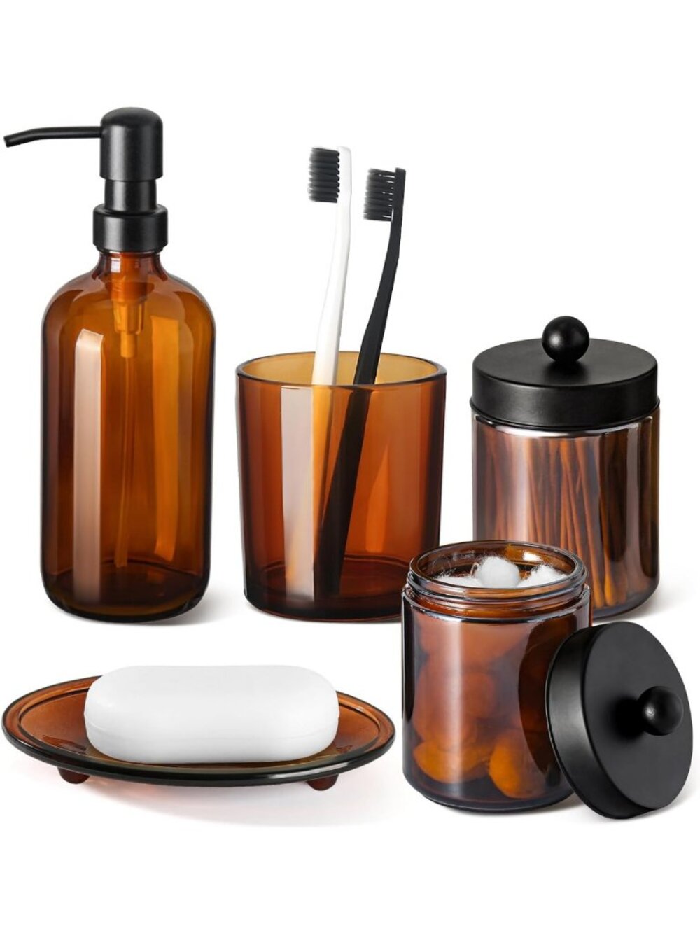 Amber Glass Bathroom Accessories Set - 5 Pack Rustic Modern Decor, Soap